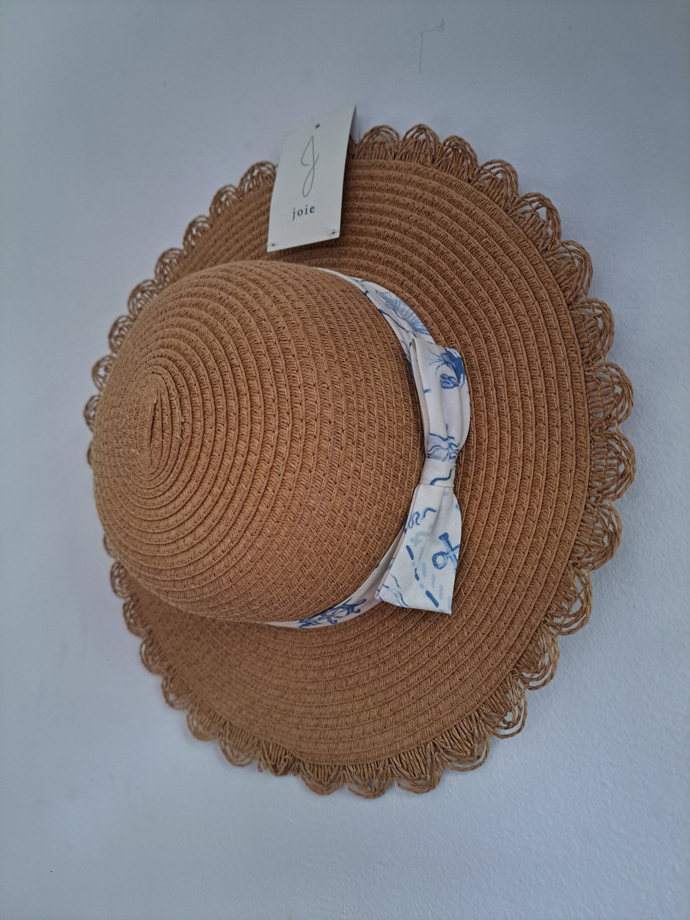 Joie Wide Brim Straw Sun Hat Tan Scalloped Edge Bow Summer Beach